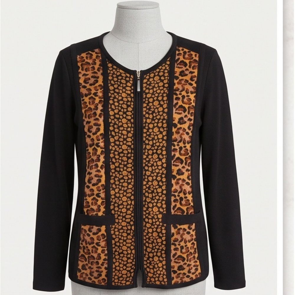 Misook S Women's Leopard Print Zip Front Knit Jacket‎ Black Brown Small RV $399